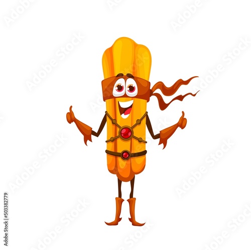 Cartoon mexican churros superhero character. Vector funny latin tex mex pastry in red cape and mask with gem stone show thumb up. Super hero sweet food in cloak, cheerful fairytale personage laugh