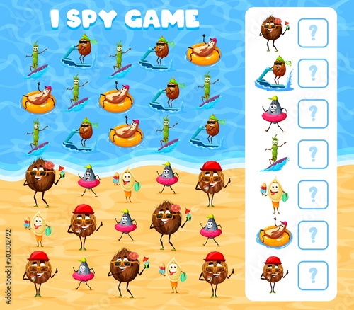 I spy game. Cheerful nuts on summer vacation. Child math riddle, children counting vector puzzle with calculation activity. Kids educational quiz with coconut, pumpkin and sunflower seed, almond
