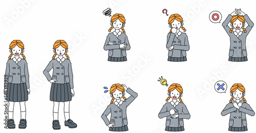 制服を着た少女の様々なポーズ、表情のイラストセット