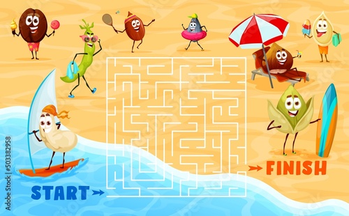 Labyrinth maze game. Funny nuts characters on summer beach. Child puzzle, vector quiz or children puzzle game with search way activity and coffee bean, sunflower seed and pistachio, cashew personages