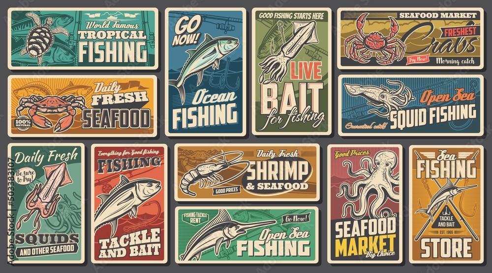 Sea fishing, seafood market retro posters. Sea turtle, tuna fish and squid, shrimp, octopus and marlin, crab rod and hook engraved vector. Fishing live bait and tackle store vintage banners set