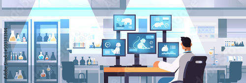 veterinary worker work on desktop with animals on screens scientist doing experiments in lab biological genetic engineering research