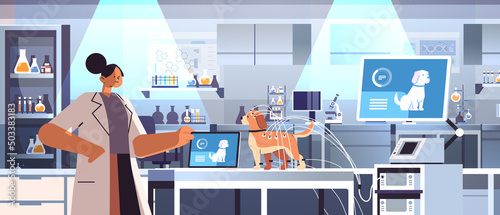 scientist or veterinary worker doing experiments in lab with experimental dog biological genetic engineering research