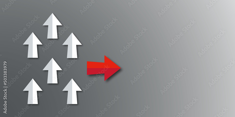 Red arrow change direction from group on dark background as metaphor for business creativity new idea to discovering new business options, Individual and unique leader. copy space. paper cut style. Red arrow change direction from group on dark background as metaphor for business creativity new idea to discovering new business options, Individual and unique leader. copy space. paper cut style.