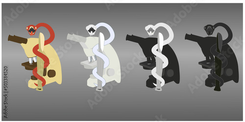 A snake wrapping around a scalpel and with a microscope, a symbol of pathology, vector