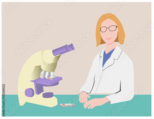 Doctor at the table near the microscope, vector, illustration