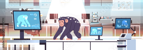 experimental monkey in modern veterinary clinic or lab analyzing health biological genetic engineering research