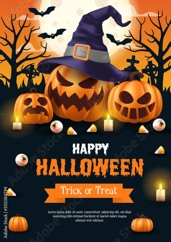 Happy Halloween Poster. Halloween vector illustration with halloween pumpkins, and halloween elements.