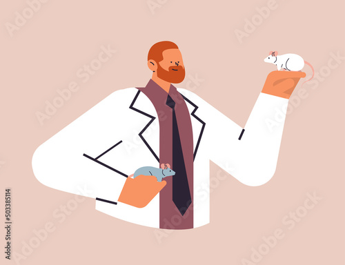 veterinary worker holding rat scientist doing experiments in lab with experimental animal biological genetic engineering research