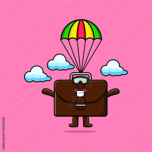 Cute mascot cartoon Suitcase is skydiving with parachute and happy gesture cute modern style design