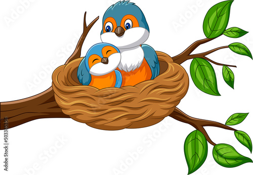 Cartoon mother bird with her baby in the nest