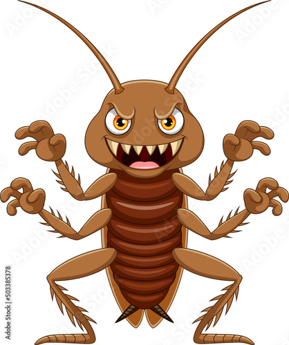 Cartoon scary cockroach on white background