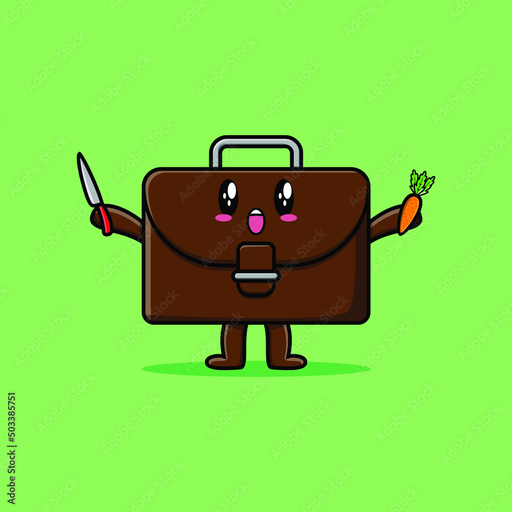 Cute cartoon suitcase character holding knife and carrot in modern style design Cute cartoon suitcase character holding knife and carrot in modern style design