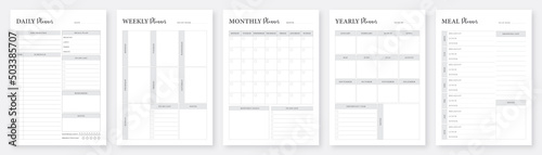 Daily, weekly, monthly, yearly planners template. Planner pages template. Life & Business Planner Templates. Minimalist Planner Pages Templates Set. Collection of minimalist life and business planner. photo