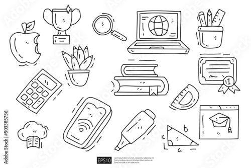home schooling or online education doodle icon set