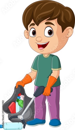 Cartoon boy gathering bottles into black plastic bag