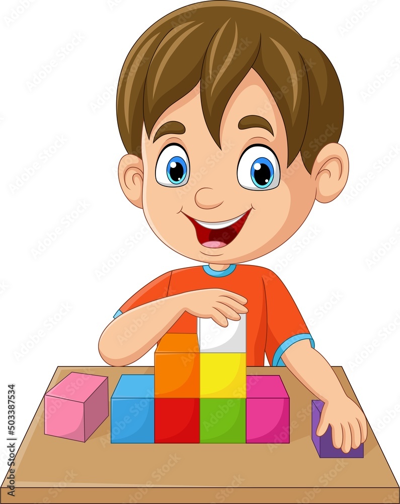Cartoon little boy playing cubes on table