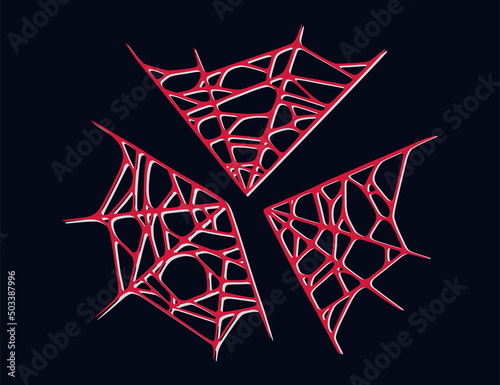 Spider web isolated on dark background. Spooky Halloween cobwebs with red threads. Outline vector illustration