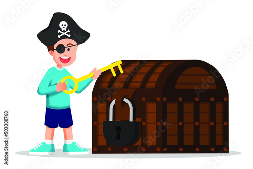 Boy using the pirate attribute and holding the big key to open the treasure