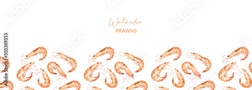 Banner with watercolor illustrated prawns