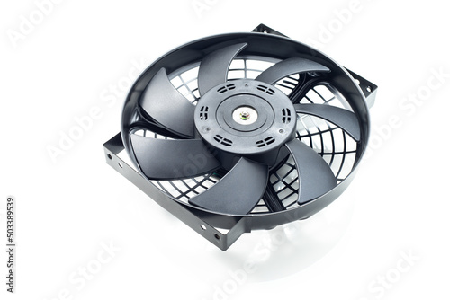 Vehicle radiator fan on white background