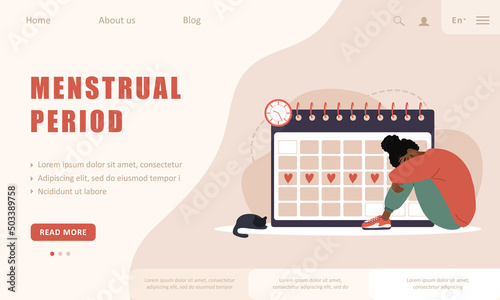 Menstruation calendar shedule. Landing page template. Woman period. Female critical day problems. Sad african girl with pms. Vector illustration in flat cartoon style.