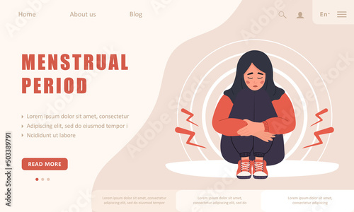 Menstrual period. Landing page template. Sad arab woman with abdominal cramps or pms symptoms. Female critical day problems. Vector illustration in flat cartoon style.