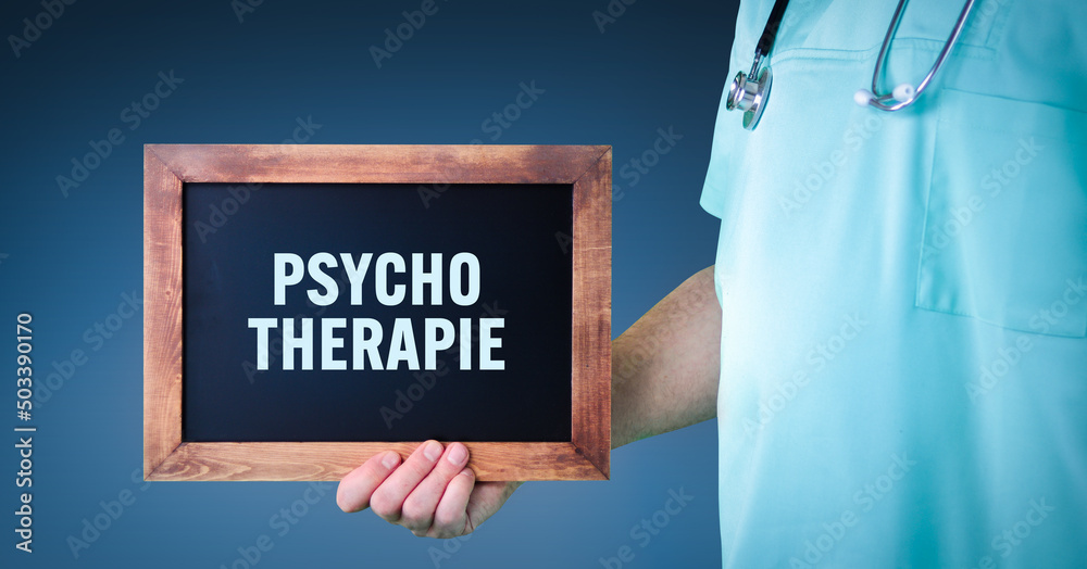 Psychotherapie. Arzt zeigt Schild/Tafel mit Holz Rahmen. Hintergrund blau Psychotherapie. Arzt zeigt Schild/Tafel mit Holz Rahmen. Hintergrund blau