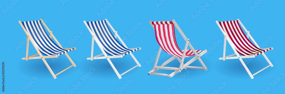 3d realistic vector vacation icon set beach sunbed in three different colours. Summertime relax. Isolated on blue background illustration.
