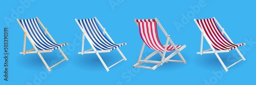 Print op canvas 3d realistic vector vacation icon set beach sunbed in three different colours