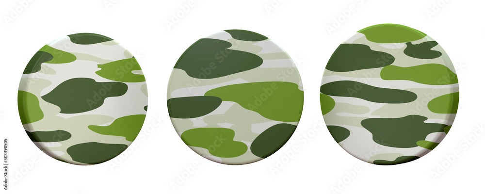 A beautiful view of 3d illustration with army button camouflage in 3 positions.