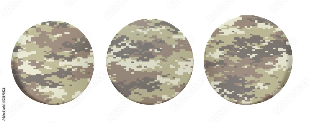 A beautiful view of 3d illustration with army button camouflage in 3 positions. A beautiful view of 3d illustration with army button camouflage in 3 positions.