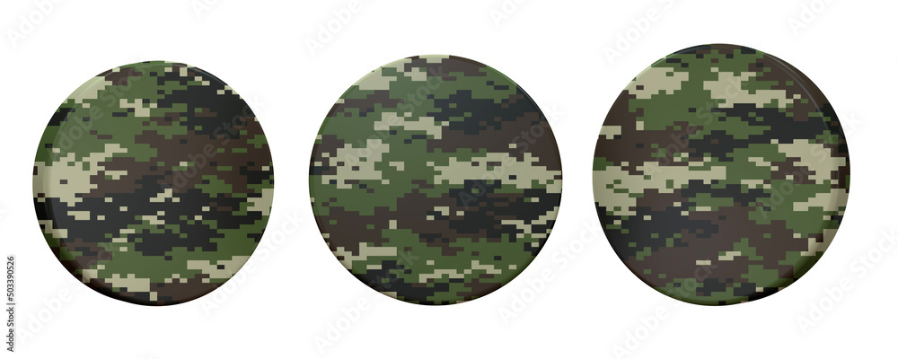 A beautiful view of 3d illustration with army button camouflage in 3 positions.
