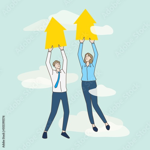 Business people holding an arrow pointing up in the sky. Business concept. Hand draw style. Vector illustration.