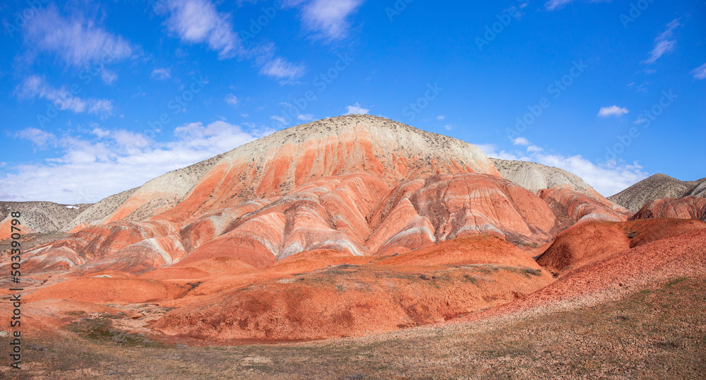 Fototapeta premium Mountains with red stripes. Khizi region. Azerbaijan.