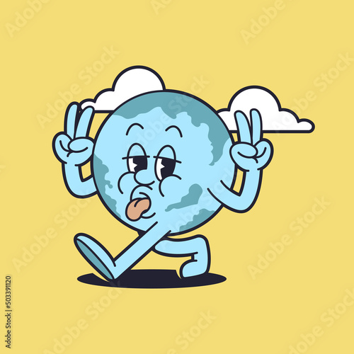 Retro globe cartoon mascot character. Happy vintage walking earth mascot illustration.