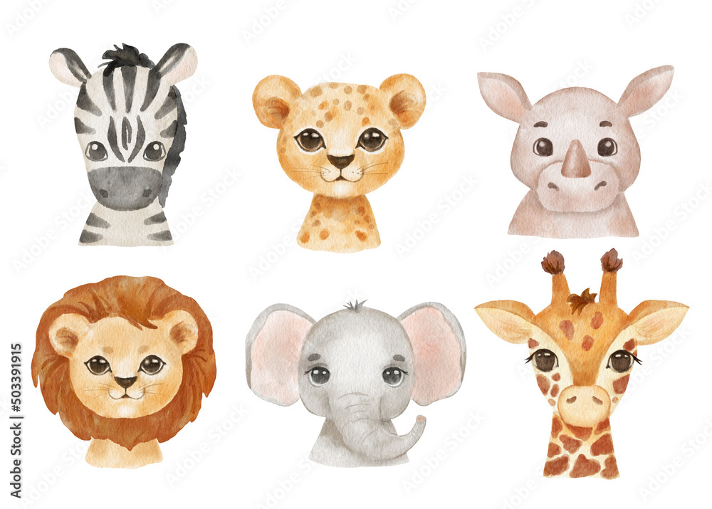 Cute portraits cheetah, giraffe, elephant and zebra in cartoon style. Drawing african baby wild cat face isolated on white background. Watercolor drawing for kids poster and card. Jungle animal - obrazy, fototapety, plakaty 