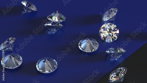 Shiny Diamonds on black-blue surface background. Concept image of luxury living, expensive things and high added value. 3D CG. High resolution.
