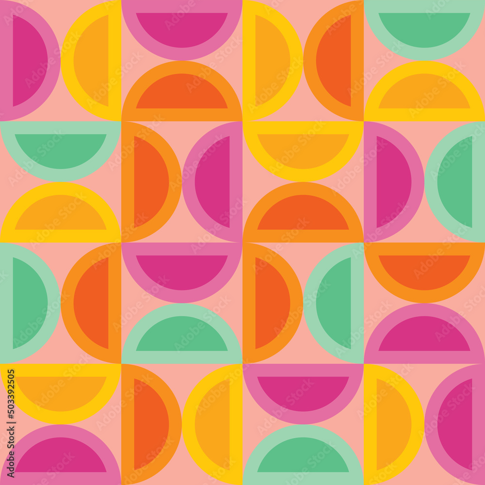 Colorful, modern geometric seamless vector pattern. Bright, bold, rainbow semi circle print. Fun, happy, simple contemporary design. Decorative repeating background wallpaper surface texture. 