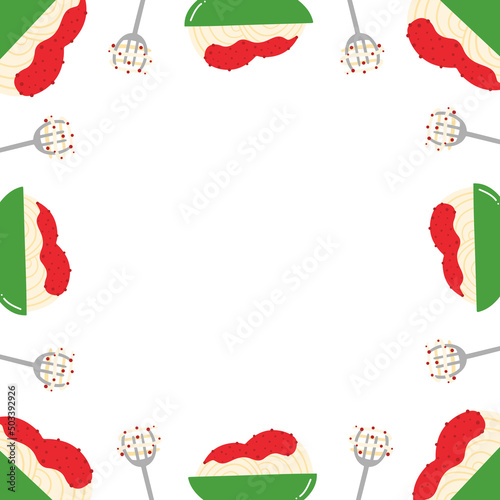 Cute cartoon style spaghetti dish with tomato sauce vector square frame  border for food  cooking design. 