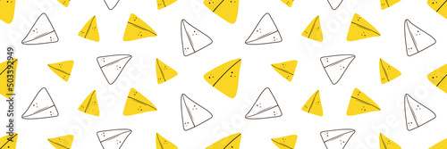 Wide horizontal vector seamless pattern background with doodle style samosa, indian baked savory pastry.
