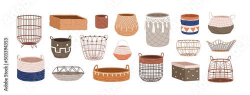 Woven wicker baskets set. Trendy interior basketry designs from rattan, fabric rope, jute. Empty storage boxes of different shape, size. Flat graphic vector illustrations isolated on white background