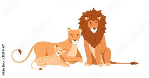 Lion, lioness and baby cub. Wild feline animals family. Leo father, mother an...