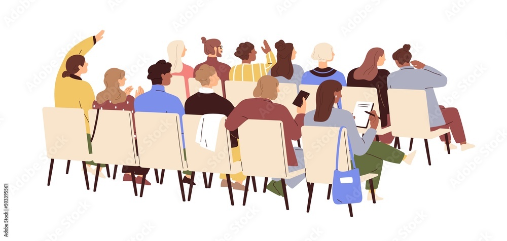 Audience, people backs at public event, seminar. Men and women group