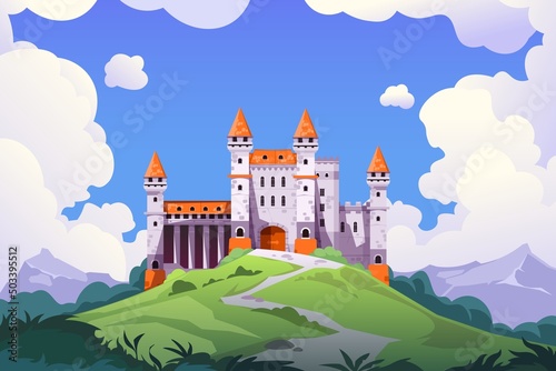 Medieval castle landscape. Cartoon medieval chateau with towers and stone walls  fairy tale palace and princess castle. Vector fantasy background