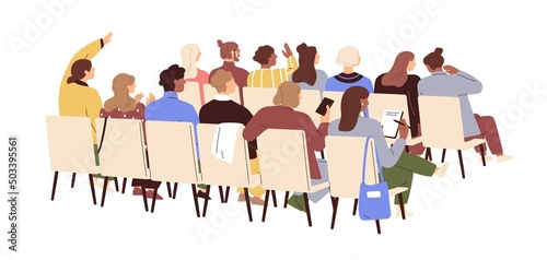 Audience, people backs at public event, seminar. Men and women group sitting on chairs at conference, lecture, training. Backside of auditorium. Flat vector illustration isolated on white background
