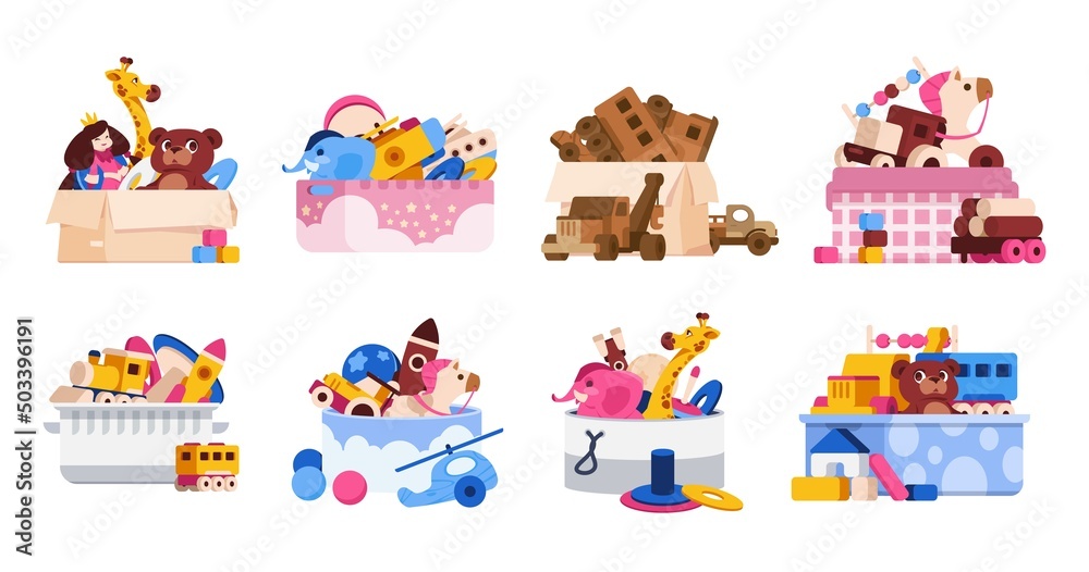 Toy box. Cartoon colorful containers with children toys, transport animals and puzzles, baby room toy organization. Vector isolated set
