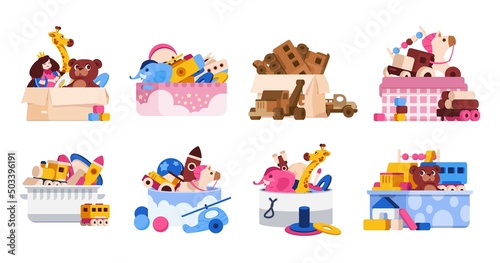 Fototapeta Naklejka Na Ścianę i Meble -  Toy box. Cartoon colorful containers with children toys, transport animals and puzzles, baby room toy organization. Vector isolated set