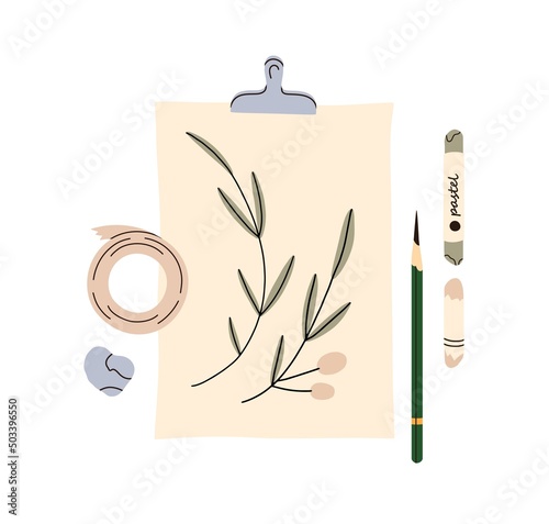 Botanical drawing on a4 album sheet on clamp. Paper with plant branch paintin...