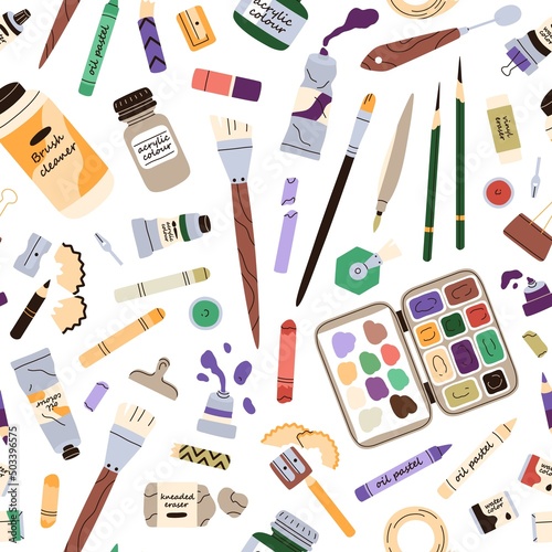 Art supplies pattern. Seamless background with painting accessories, items. Artists stationery repeating print. Paints, brushes, pencils, painters stuff texture for wrapping. Flat vector illustration